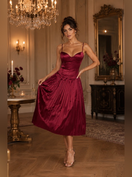 Dresses & Skirts - Burgundy Drop Waist Satin Midi Dress